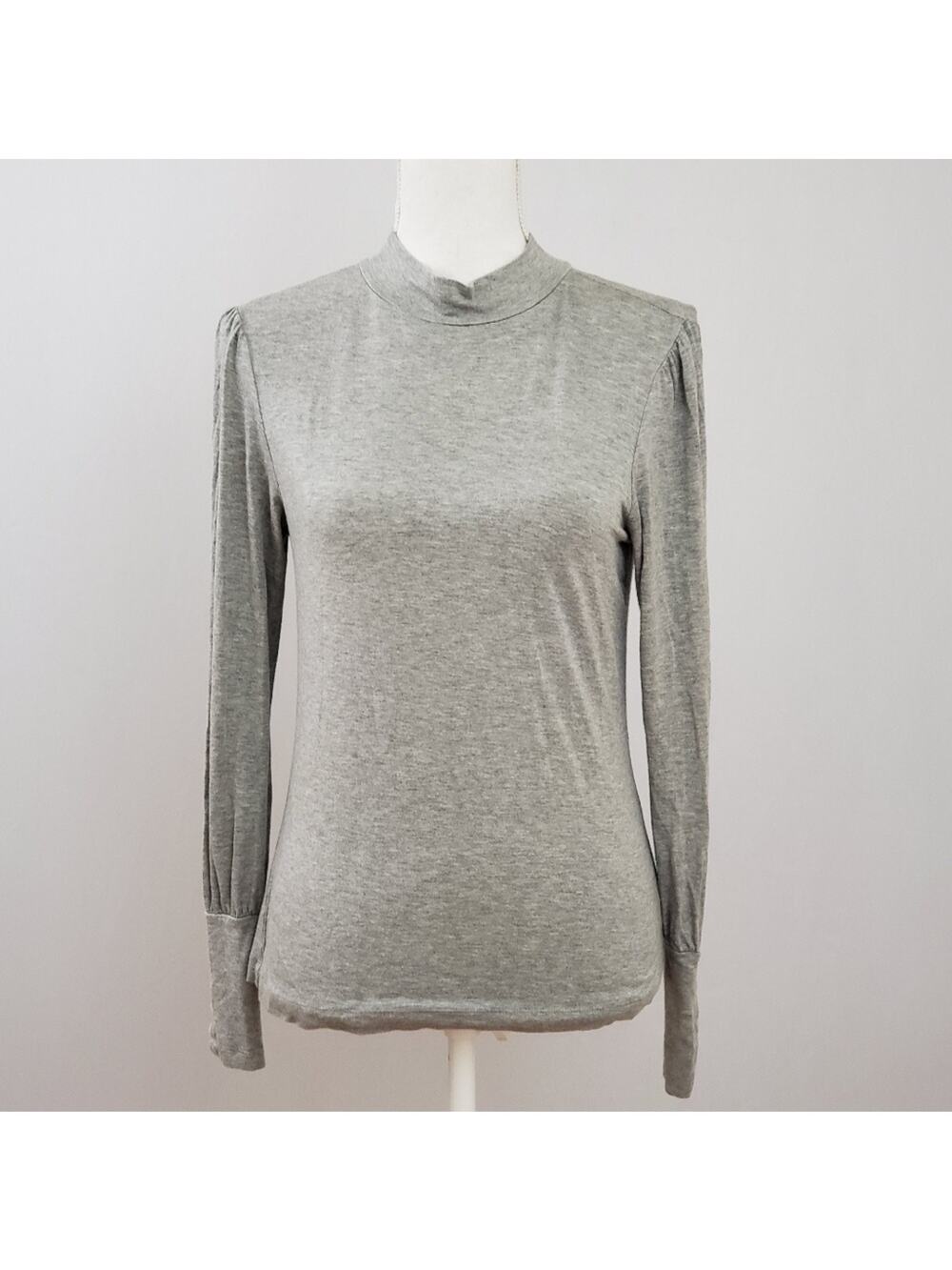 Banana Republic Gray Modal Mockneck Puff Shoulder Button Back Top S Quiet Luxury